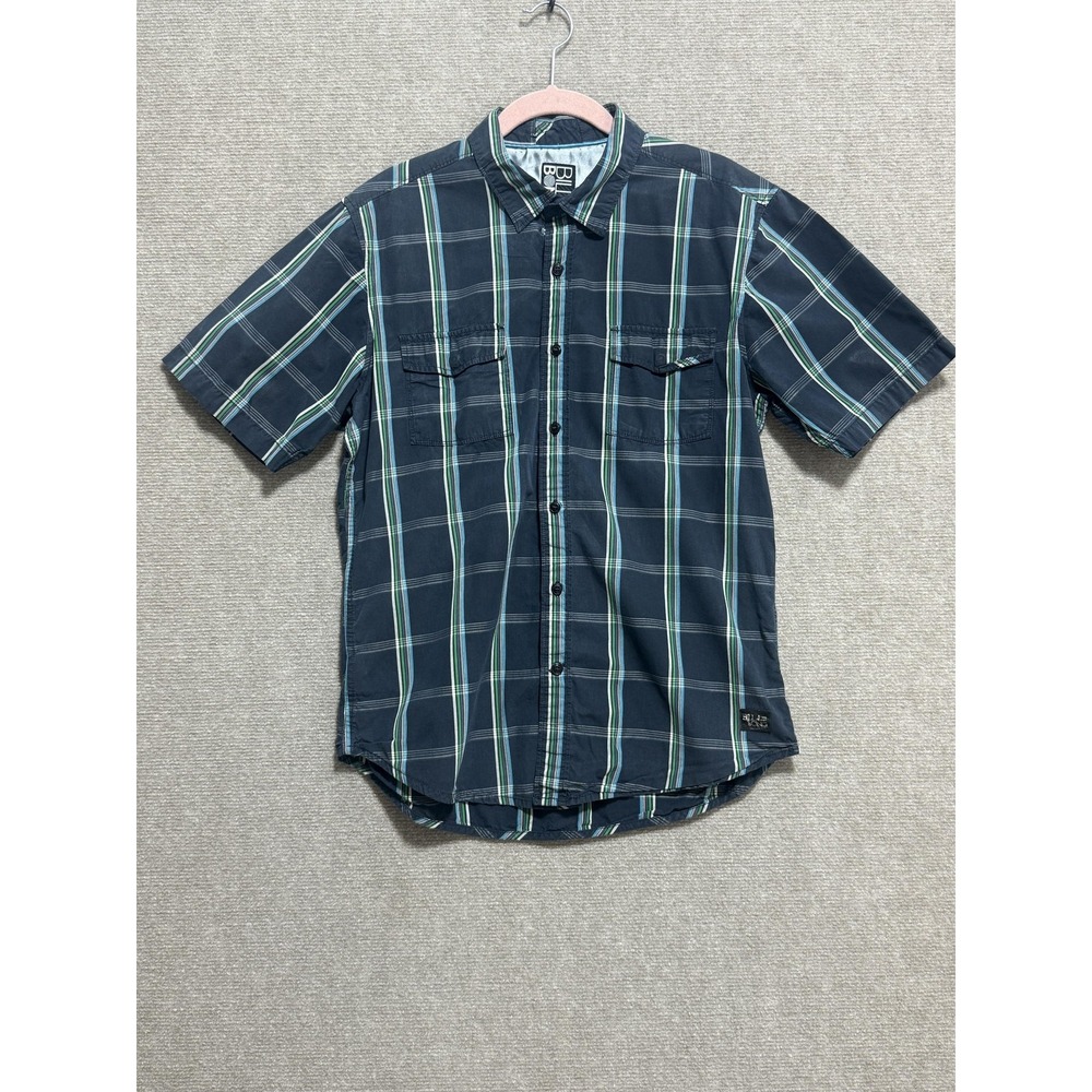 Billabong Shirt Mens Medium Blue Green Plaid Short Sleeve Button Up Cotton